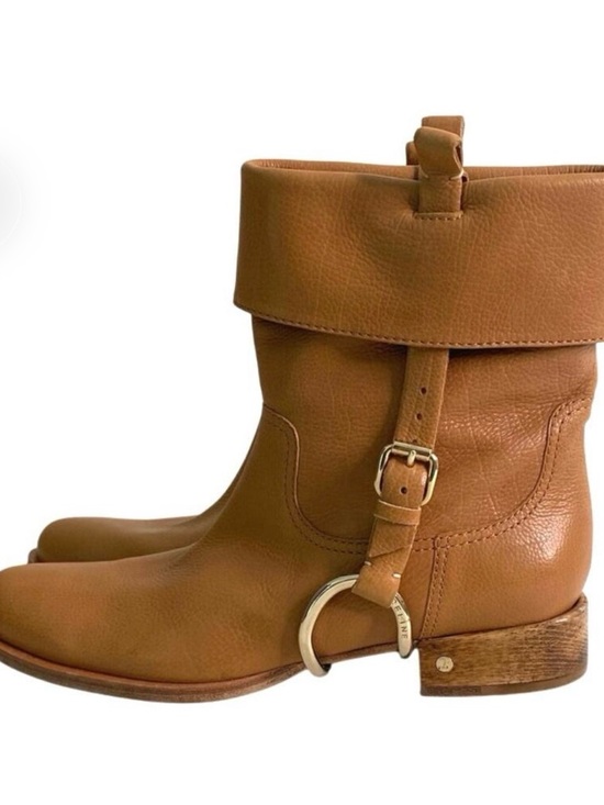 Celine Shoes - Celine Tan Leather Fold-Over Ankle Boots with Buckle Ring